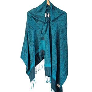 70% Pashmina 30% Silk Green Teal Black Paisley Shawl Wrap Fringe Scarf